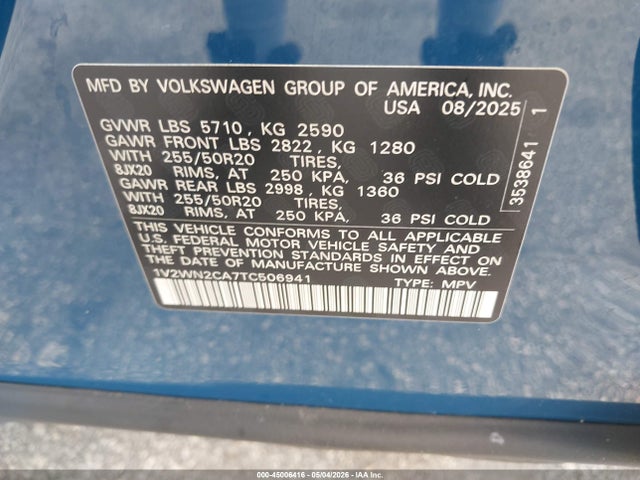 2026 Volkswagen Atlas Se With Technology მანქანა იყიდება აუქციონზე, vin: 1V2WN2CA7TC506941, აუქციონის ნომერი: 45006416