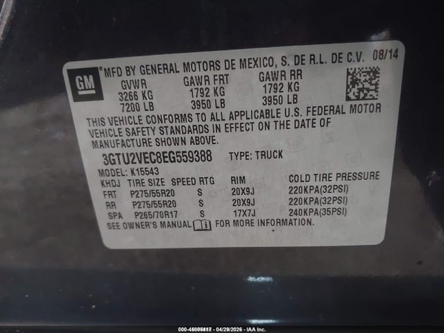 Auction sale of the 2014 Gmc Sierra 1500 Slt, vin: 3GTU2VEC8EG559388, lot number: 45006417