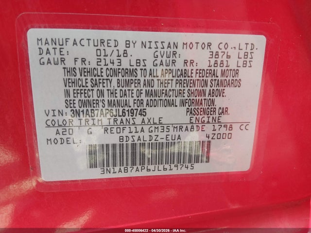 45006422 :رقم المزاد ، 3N1AB7AP6JL619745 vin ، 2018 Nissan Sentra Sv مزاد بيع