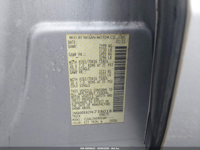 Aukcja sprzedaży 2015 Nissan Frontier Sv, vin: 1N6AD0ER2FN738018, numer aukcji: 45006423