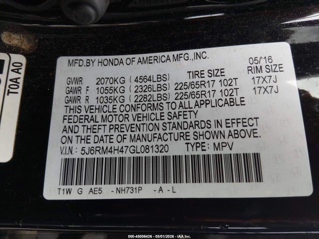2016 Honda Cr-v Se მანქანა იყიდება აუქციონზე, vin: 5J6RM4H47GL081320, აუქციონის ნომერი: 45006426