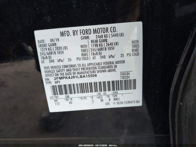 45006438 :رقم المزاد ، 2FMPK4J91LBA15506 vin ، 2020 Ford Edge Sel مزاد بيع