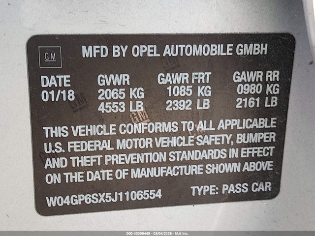 Продаж на аукціоні авто 2018 Buick Regal Sportback Essence, vin: W04GP6SX5J1106554, номер лоту: 45006449