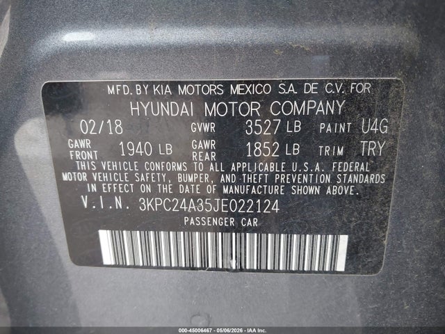 2018 Hyundai Accent Sel მანქანა იყიდება აუქციონზე, vin: 3KPC24A35JE022124, აუქციონის ნომერი: 45006467