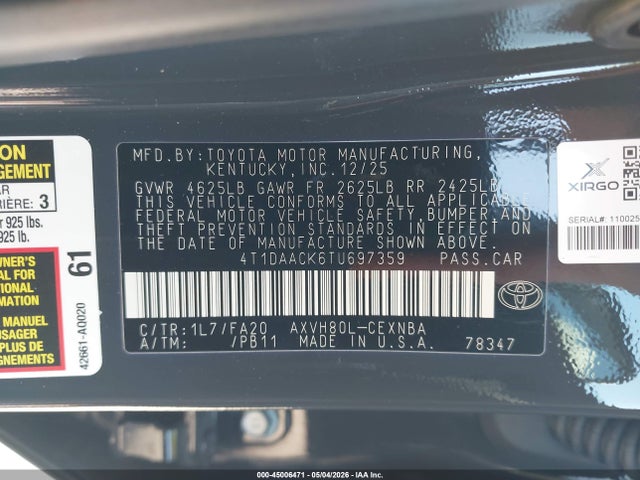 Продаж на аукціоні авто 2026 Toyota Camry Le, vin: 4T1DAACK6TU697359, номер лоту: 45006471
