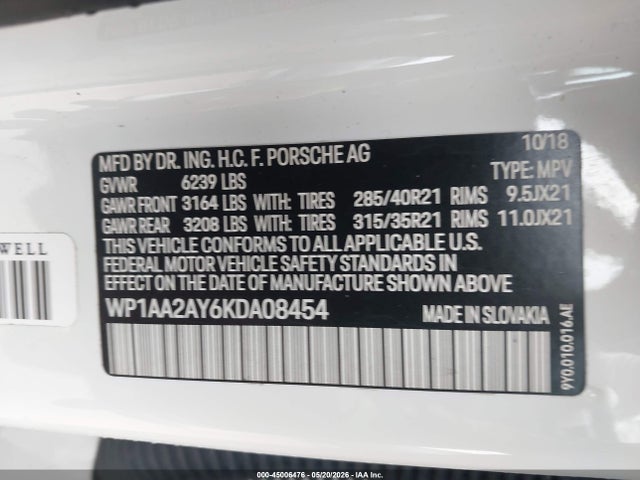 2019 Porsche Cayenne მანქანა იყიდება აუქციონზე, vin: WP1AA2AY6KDA08454, აუქციონის ნომერი: 45006476