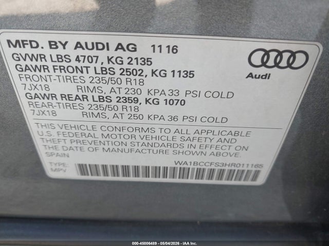 Aukcja sprzedaży 2017 Audi Q3 2.0t Premium, vin: WA1BCCFS3HR011165, numer aukcji: 45006489