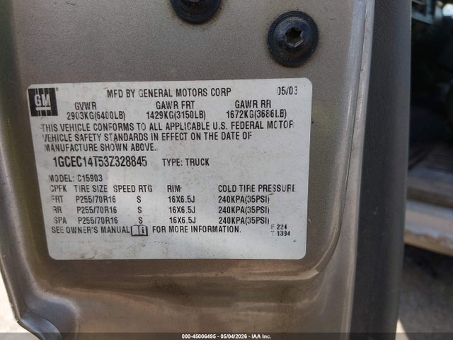 45006495 :رقم المزاد ، 1GCEC14T53Z328845 vin ، 2003 Chevrolet Silverado 1500 Work Truck مزاد بيع