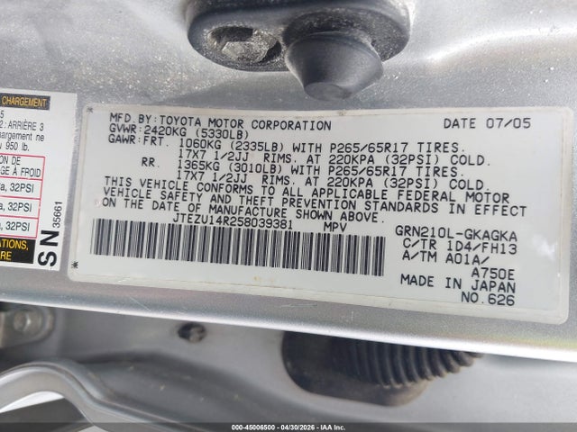 Aukcja sprzedaży 2005 Toyota 4runner Sr5 Sport V6/sr5 V6, vin: JTEZU14R258039381, numer aukcji: 45006500