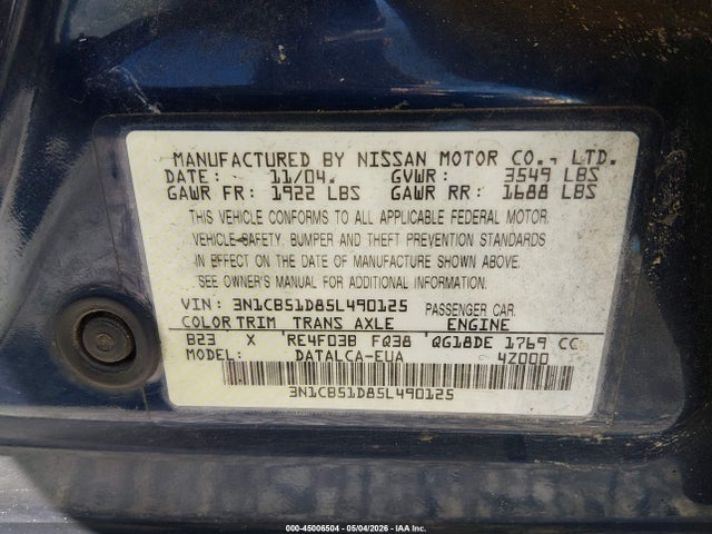 Aukcja sprzedaży 2005 Nissan Sentra 1.8, vin: 3N1CB51D85L490125, numer aukcji: 45006504