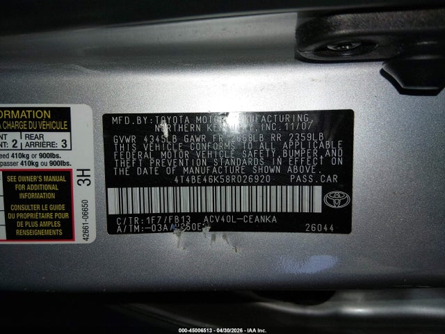 Продаж на аукціоні авто 2008 Toyota Camry Le/se/xle, vin: 4T4BE46K58R026920, номер лоту: 45006513