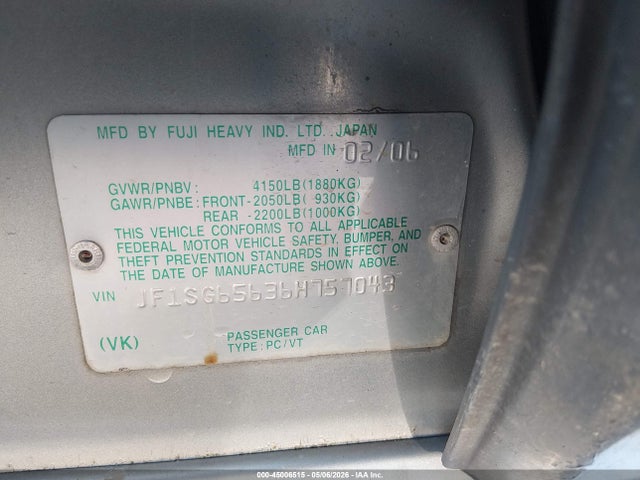 Aukcja sprzedaży 2006 Subaru Forester 2.5x, vin: JF1SG65636H757043, numer aukcji: 45006515