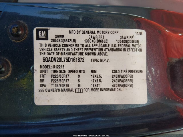 Продаж на аукціоні авто 2005 Buick Terraza Cx, vin: 5GADV23L75D161872, номер лоту: 45006517