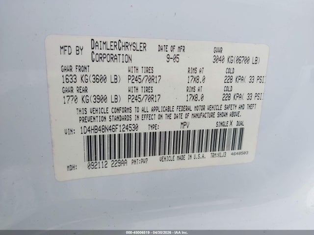 45006519 :رقم المزاد ، 1D4HB48N46F124530 vin ، 2006 Dodge Durango Slt مزاد بيع