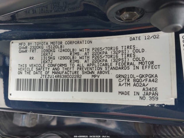 45006525 :رقم المزاد ، JTEZU14R638002282 vin ، 2003 Toyota 4runner Sr5 Sport V6/sr5 V6 مزاد بيع