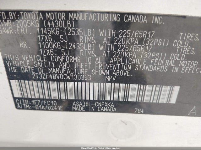 45006528 :رقم المزاد ، 2T3ZF4DV0CW130363 vin ، 2012 Toyota Rav4 مزاد بيع