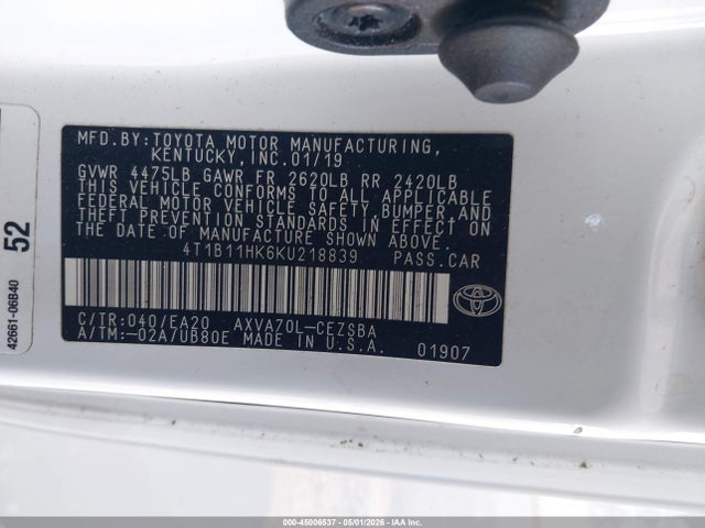 Продажа на аукционе авто 2019 Toyota Camry Se, vin: 4T1B11HK6KU218839, номер лота: 45006537