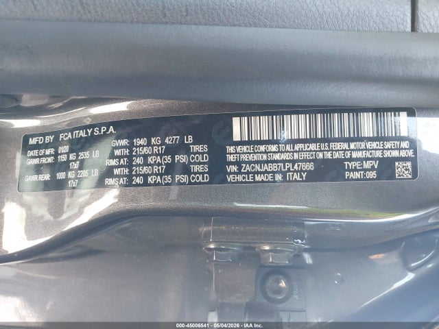 Aukcja sprzedaży 2020 Jeep Renegade Latitude Fwd, vin: ZACNJABB7LPL47666, numer aukcji: 45006541