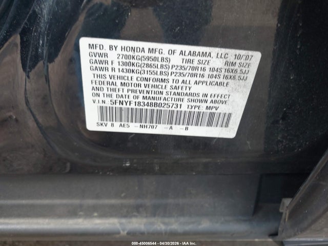 Aukcja sprzedaży 2008 Honda Pilot Se, vin: 5FNYF18348B025731, numer aukcji: 45006544