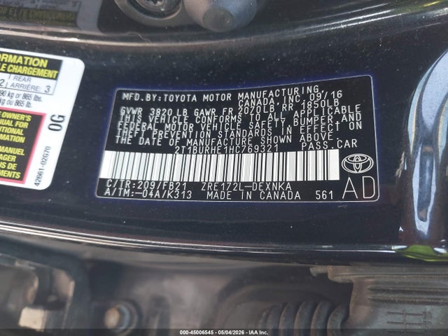Aukcja sprzedaży 2017 Toyota Corolla Le, vin: 2T1BURHE1HC769321, numer aukcji: 45006545