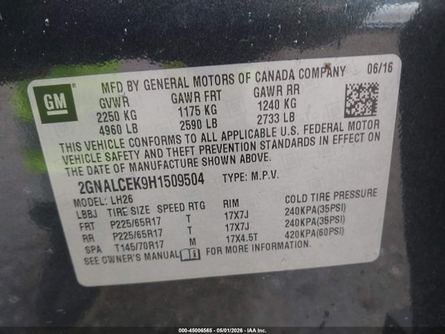 Продаж на аукціоні авто 2017 Chevrolet Equinox Lt, vin: 2GNALCEK9H1509504, номер лоту: 45006565