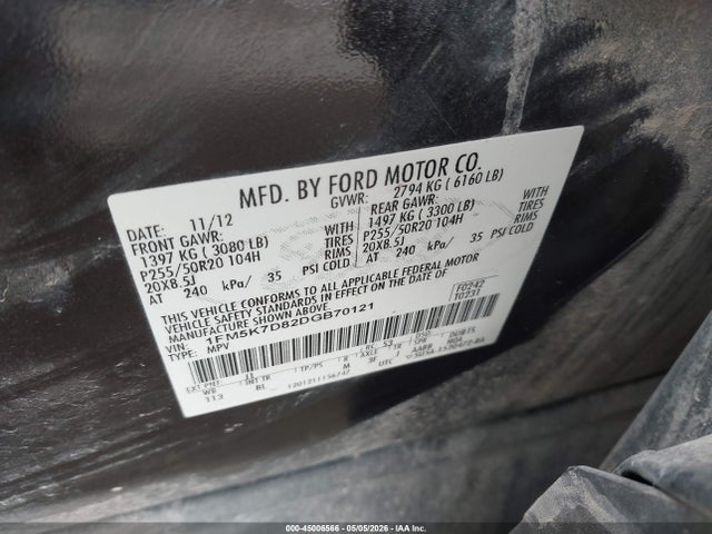 Продажа на аукционе авто 2013 Ford Explorer Xlt, vin: 1FM5K7D82DGB70121, номер лота: 45006566