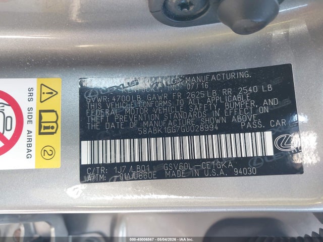 Продаж на аукціоні авто 2016 Lexus Es 350, vin: 58ABK1GG7GU028994, номер лоту: 45006567