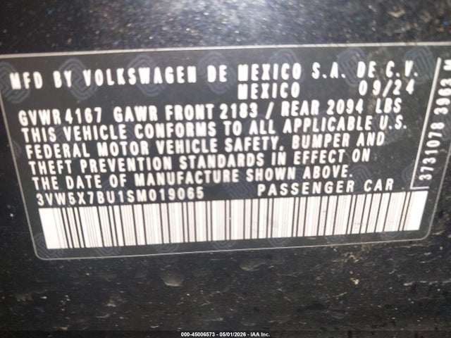 2025 Volkswagen Jetta 1.5t S მანქანა იყიდება აუქციონზე, vin: 3VW5X7BU1SM019065, აუქციონის ნომერი: 45006573