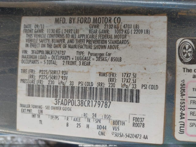 Aukcja sprzedaży 2012 Ford Fusion Hybrid, vin: 3FADP0L38CR179787, numer aukcji: 45006575