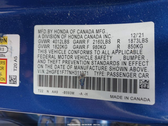 2HGFE1F77NH311371 Honda CIVIC EX