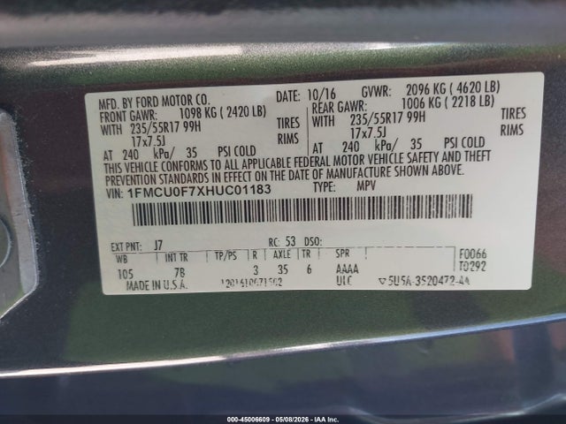 45006609 :رقم المزاد ، 1FMCU0F7XHUC01183 vin ، 2017 Ford Escape S مزاد بيع