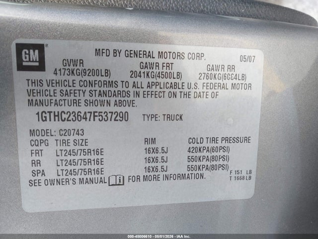 45006610 :رقم المزاد ، 1GTHC23647F537290 vin ، 2007 Gmc Sierra 2500hd Sle1 مزاد بيع