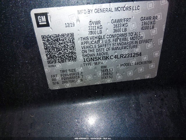 45006613 :رقم المزاد ، 1GNSKBKC4LR231254 vin ، 2020 Chevrolet Tahoe 4wd Lt مزاد بيع