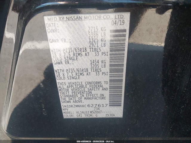 Aukcja sprzedaży 2019 Nissan Pathfinder Sv, vin: 5N1DR2MNXKC627617, numer aukcji: 45006624