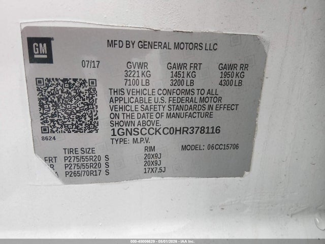 Продаж на аукціоні авто 2017 Chevrolet Tahoe Premier, vin: 1GNSCCKC0HR378116, номер лоту: 45006629