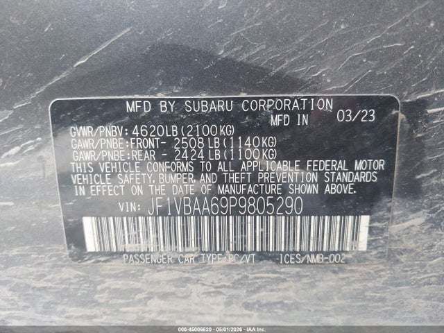 45006630 :رقم المزاد ، JF1VBAA69P9805290 vin ، 2023 Subaru Wrx مزاد بيع