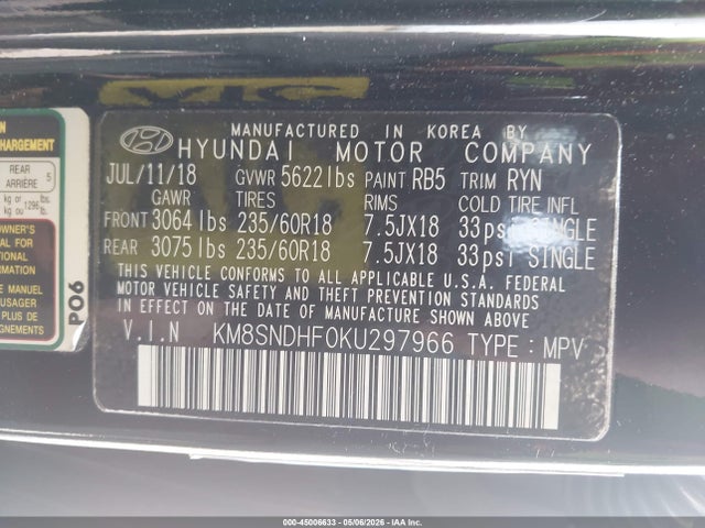 Aukcja sprzedaży 2019 Hyundai Santa Fe Xl Se, vin: KM8SNDHF0KU297966, numer aukcji: 45006633