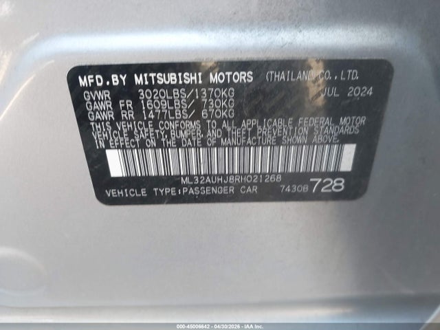 Продаж на аукціоні авто 2024 Mitsubishi Mirage Es/le, vin: ML32AUHJ8RH021268, номер лоту: 45006642