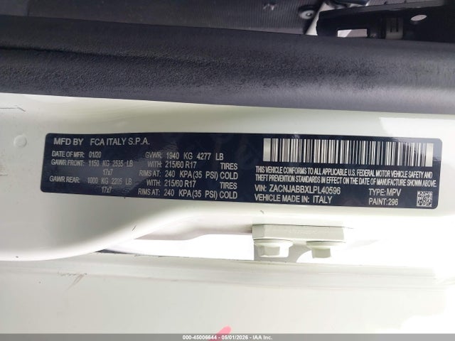 2020 Jeep Renegade Latitude Fwd მანქანა იყიდება აუქციონზე, vin: ZACNJABBXLPL40596, აუქციონის ნომერი: 45006644