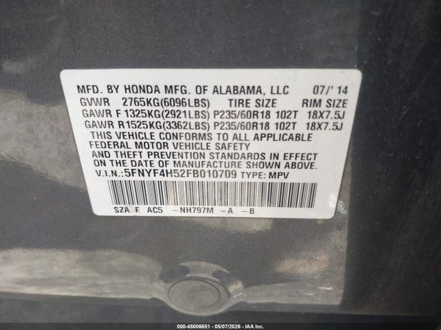 5FNYF4H52FB010709 Honda Pilot Ex-l