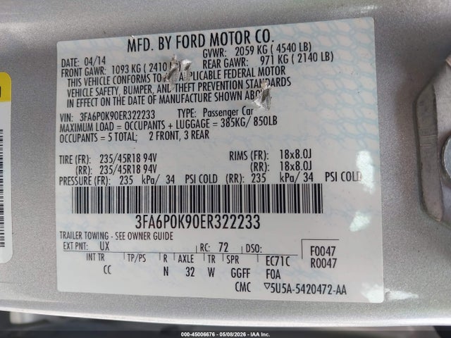 2014 Ford Fusion Titanium მანქანა იყიდება აუქციონზე, vin: 3FA6P0K90ER322233, აუქციონის ნომერი: 45006676