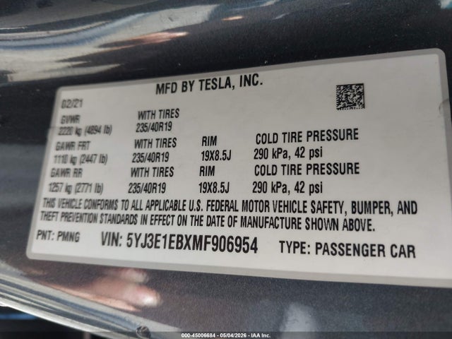 Aukcja sprzedaży 2021 Tesla Model 3 Long Range Dual Motor All-wheel Drive, vin: 5YJ3E1EBXMF906954, numer aukcji: 45006684