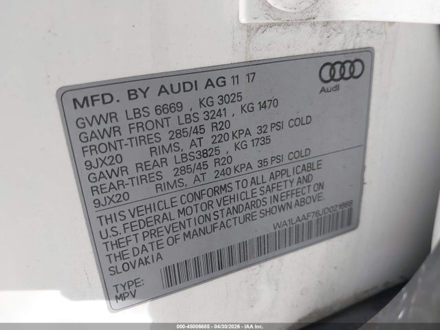 2018 Audi Q7 3.0t Premium მანქანა იყიდება აუქციონზე, vin: WA1LAAF76JD021668, აუქციონის ნომერი: 45006685