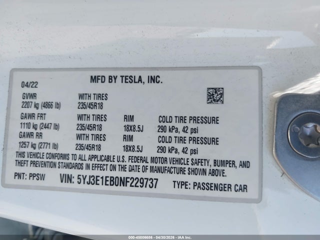 Aukcja sprzedaży 2022 Tesla Model 3 Long Range Dual Motor All-wheel Drive, vin: 5YJ3E1EB0NF229737, numer aukcji: 45006686