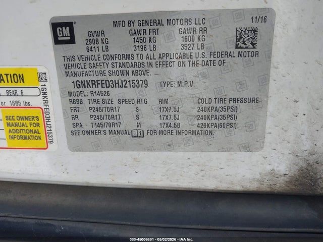Aukcja sprzedaży 2017 Chevrolet Traverse Ls, vin: 1GNKRFED3HJ215379, numer aukcji: 45006691