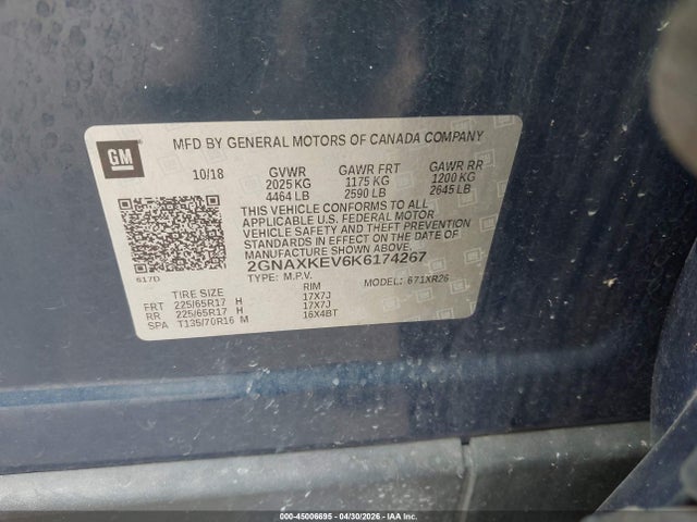 Продажа на аукционе авто 2019 Chevrolet Equinox Lt, vin: 2GNAXKEV6K6174267, номер лота: 45006695