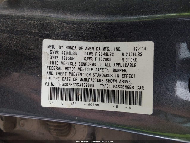 2016 Honda Accord Lx მანქანა იყიდება აუქციონზე, vin: 1HGCR2F33GA139609, აუქციონის ნომერი: 45006707
