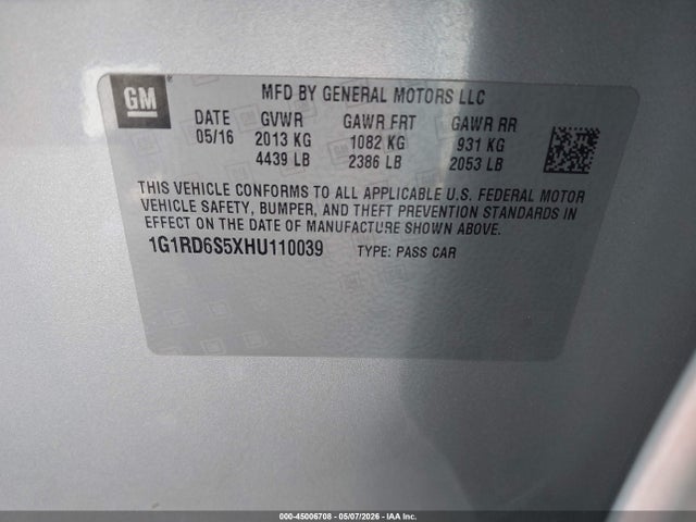 Aukcja sprzedaży 2017 Chevrolet Volt Premier, vin: 1G1RD6S5XHU110039, numer aukcji: 45006708