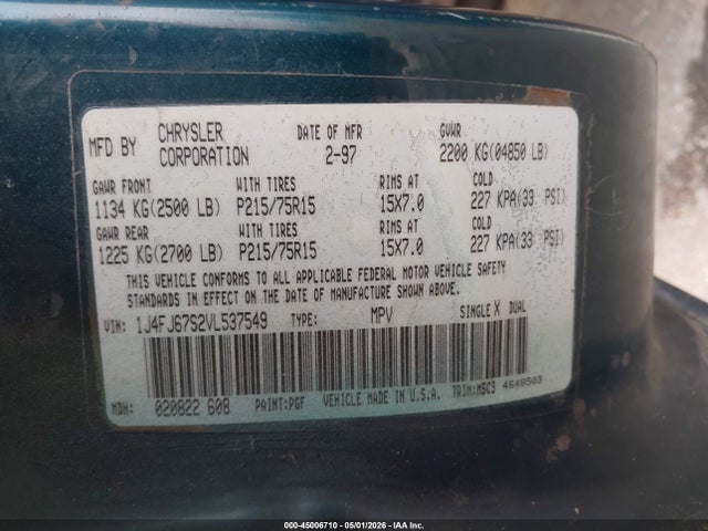 Aukcja sprzedaży 1997 Jeep Cherokee Sport, vin: 1J4FJ67S2VL537549, numer aukcji: 45006710