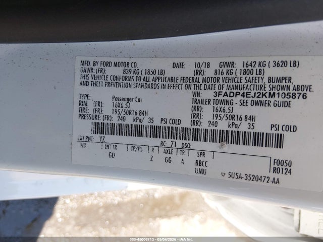Продажа на аукционе авто 2019 Ford Fiesta Se, vin: 3FADP4EJ2KM105876, номер лота: 45006713